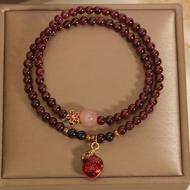 Foviel Natural 3mm Ultra-thin Garnet Rose Quartz Beads Money Bag Bell Flower Protection Bracelet