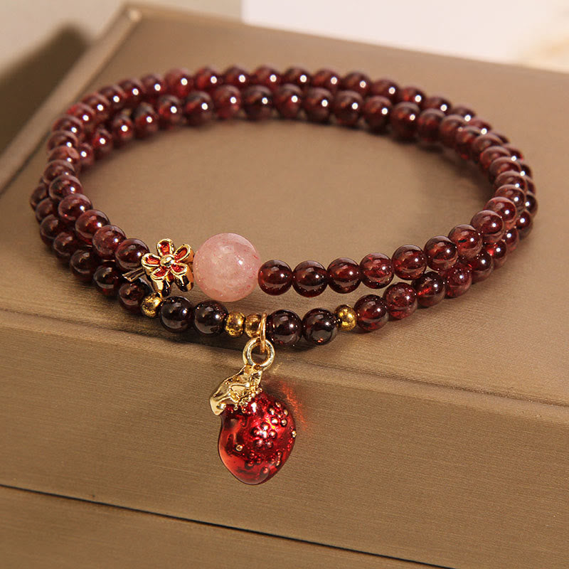 Foviel Natural 3mm Ultra-thin Garnet Rose Quartz Beads Money Bag Bell Flower Protection Bracelet