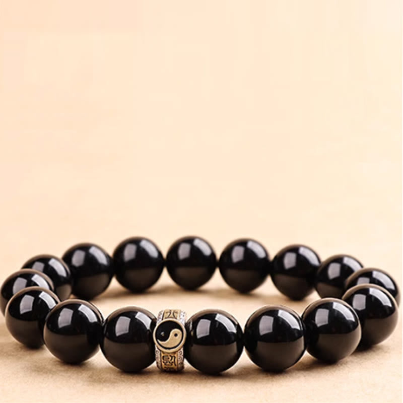 Foviel Black Obsidian Yin Yang Nine-Character Mantra Fulfilment Bracelet