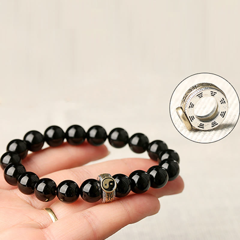 Foviel Black Obsidian Yin Yang Nine-Character Mantra Fulfilment Bracelet