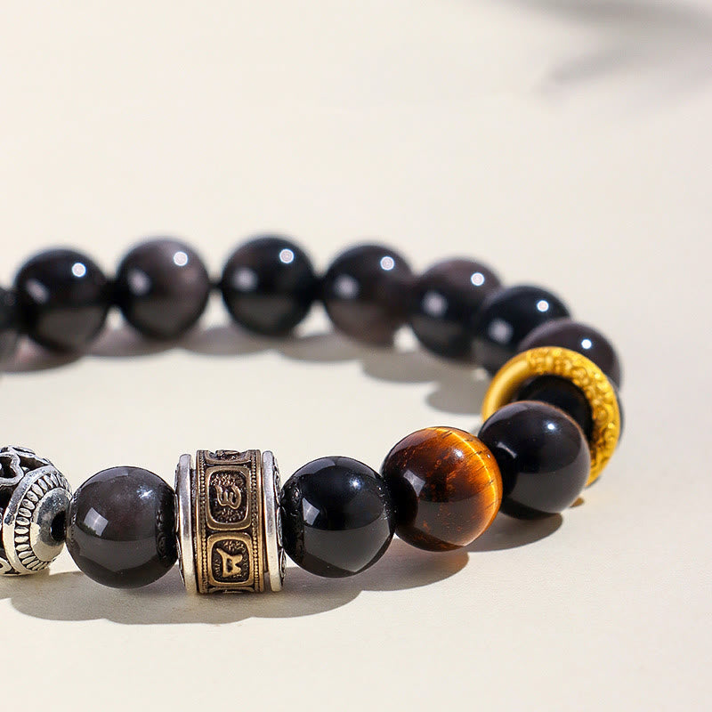 Bracelet de protection Foviel en obsidienne argentée et œil de tigre avec mantra Om Mani Padme Hum