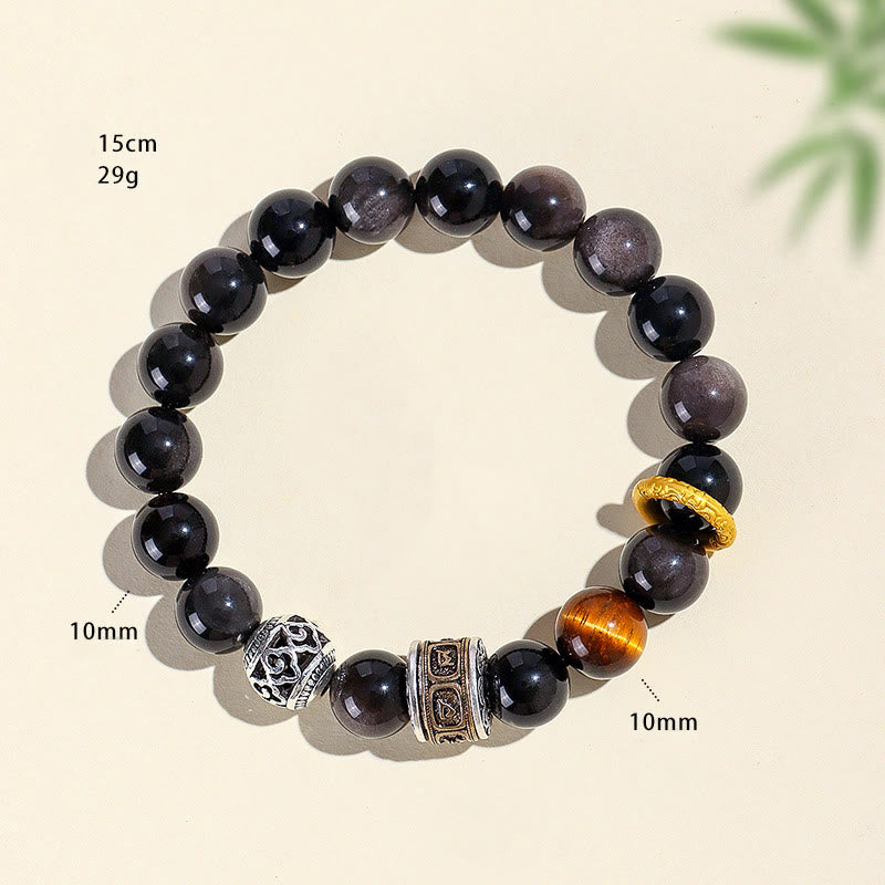 Bracelet de protection Foviel en obsidienne argentée et œil de tigre avec mantra Om Mani Padme Hum