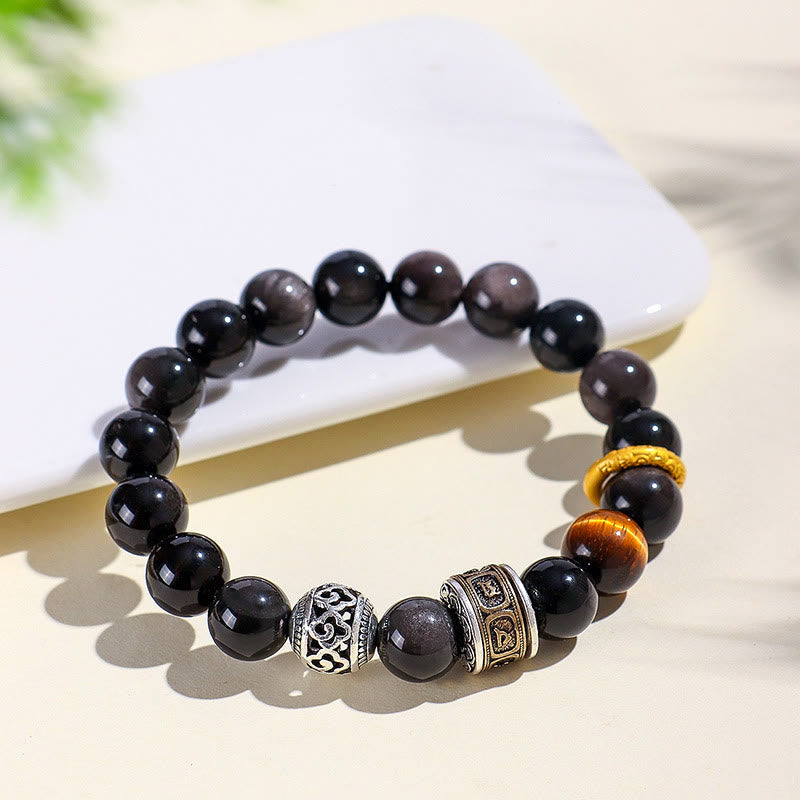 Foviel Silver Sheen Obsidian Tiger Eye Om Mani Padme Hum Protection Bracelet