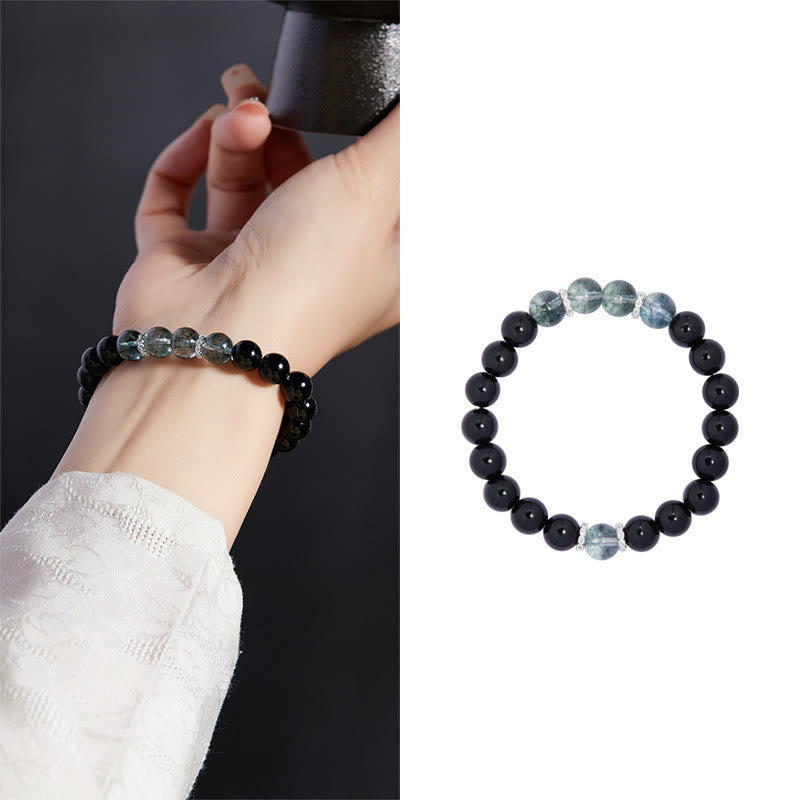 Bracelet Foviel en argent sterling 925, obsidienne noire et fantôme vert, symbole de force