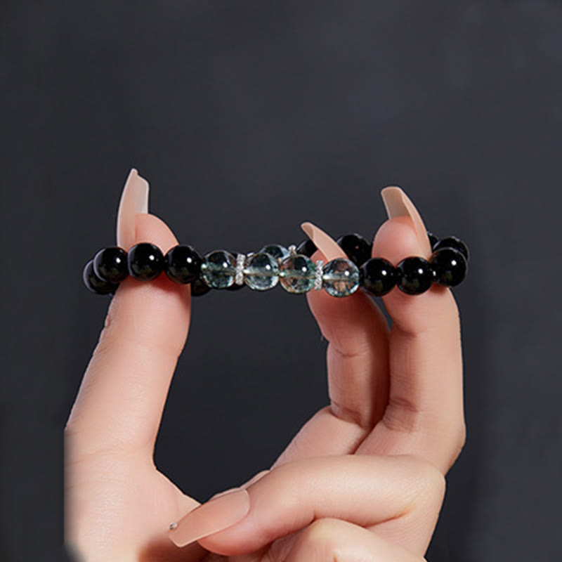 Bracelet Foviel en argent sterling 925, obsidienne noire et fantôme vert, symbole de force