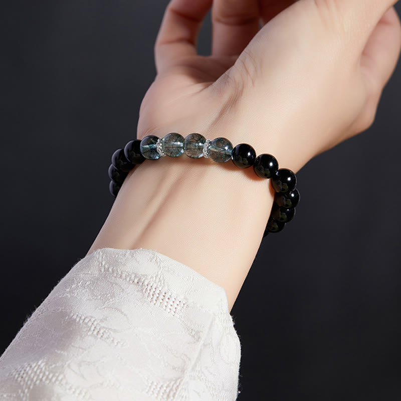 Bracelet Foviel en argent sterling 925, obsidienne noire et fantôme vert, symbole de force