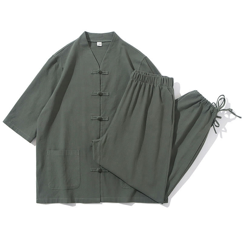 Foviel 2St Tang Anzug Frog-Button Design Hemd Hose mit Taschen Herren Baumwolle Bettwäsche Meditation Tuch Set