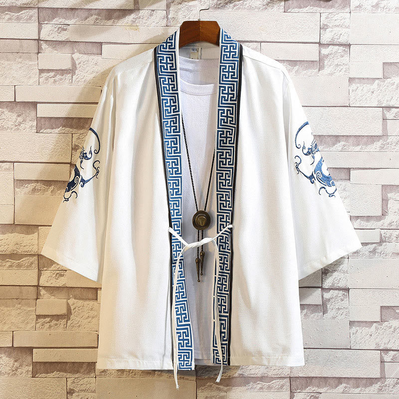 Veste kimono pour homme Foviel à devant ouvert avec broderies de dragon, phénix, nuages de bon augure, vagues, feuilles et grues