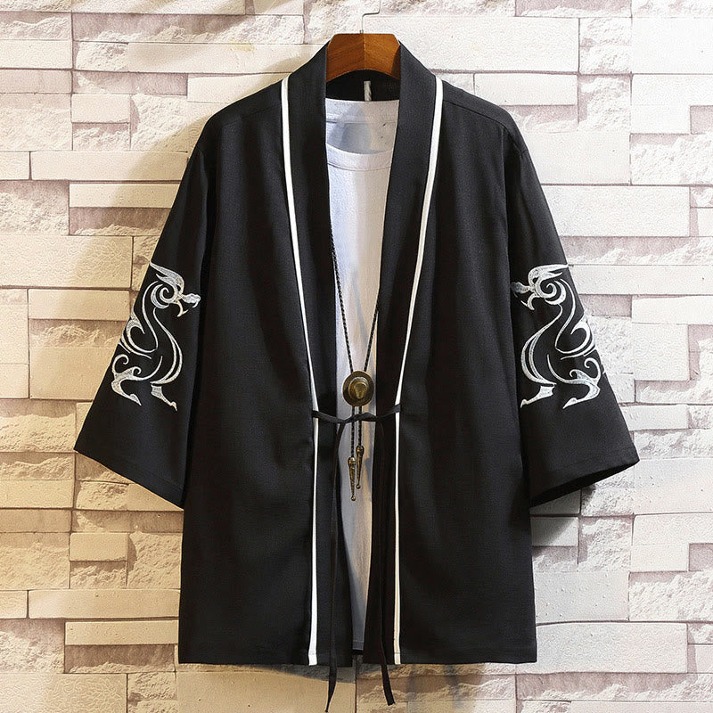 Foviel Stickerei Drache Phoenix Ausgeprägte Wolkenwellen Blätter Krane Offene Frontjacke Herren Kimono