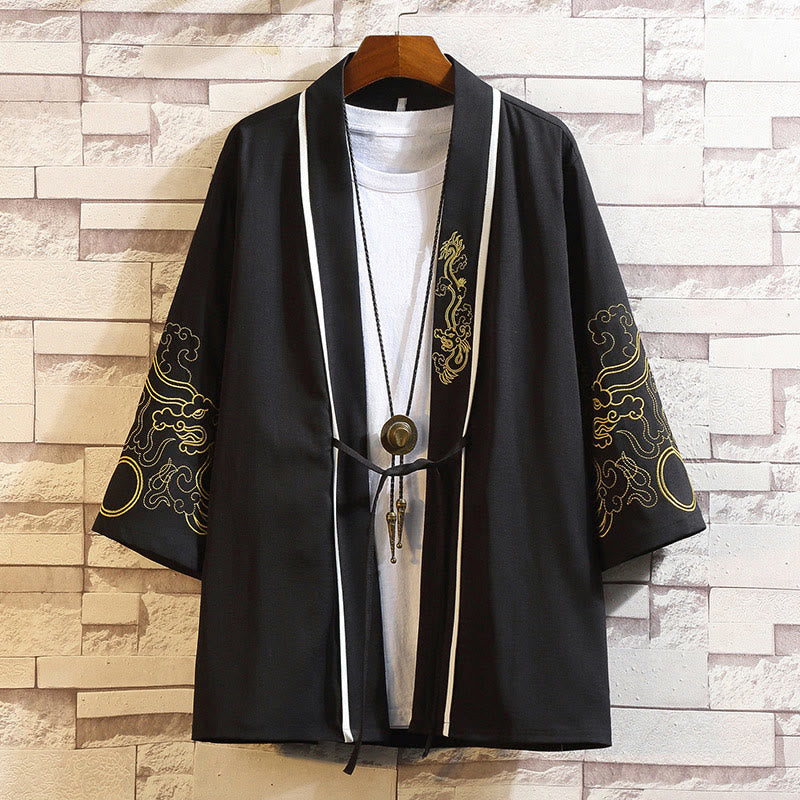 Foviel Stickerei Drache Phoenix Ausgeprägte Wolkenwellen Blätter Krane Offene Frontjacke Herren Kimono
