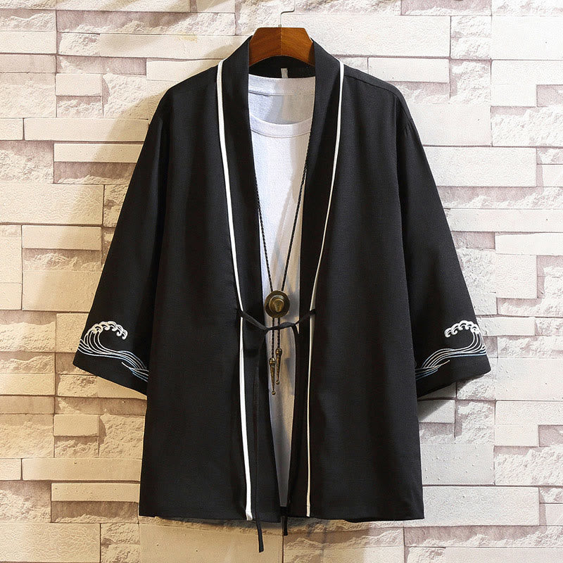 Foviel Stickerei Drache Phoenix Ausgeprägte Wolkenwellen Blätter Krane Offene Frontjacke Herren Kimono