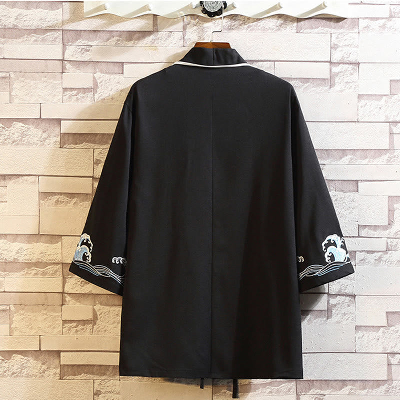 Foviel Stickerei Drache Phoenix Ausgeprägte Wolkenwellen Blätter Krane Offene Frontjacke Herren Kimono