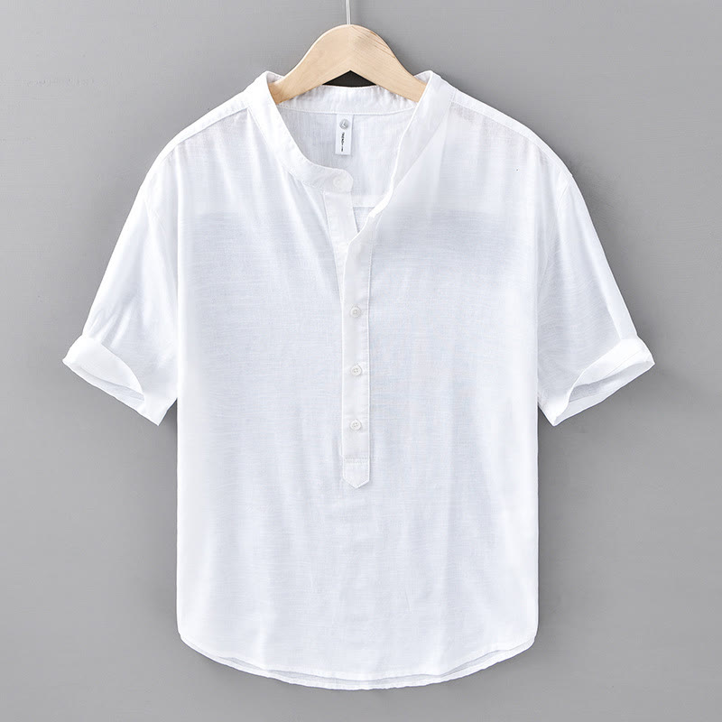 Buddha Stones Summer Solid Color Men's Half Button Short Sleeve Cotton Linen Shirt - White - US/UK/AU42,EU52 (3XL) - image 11