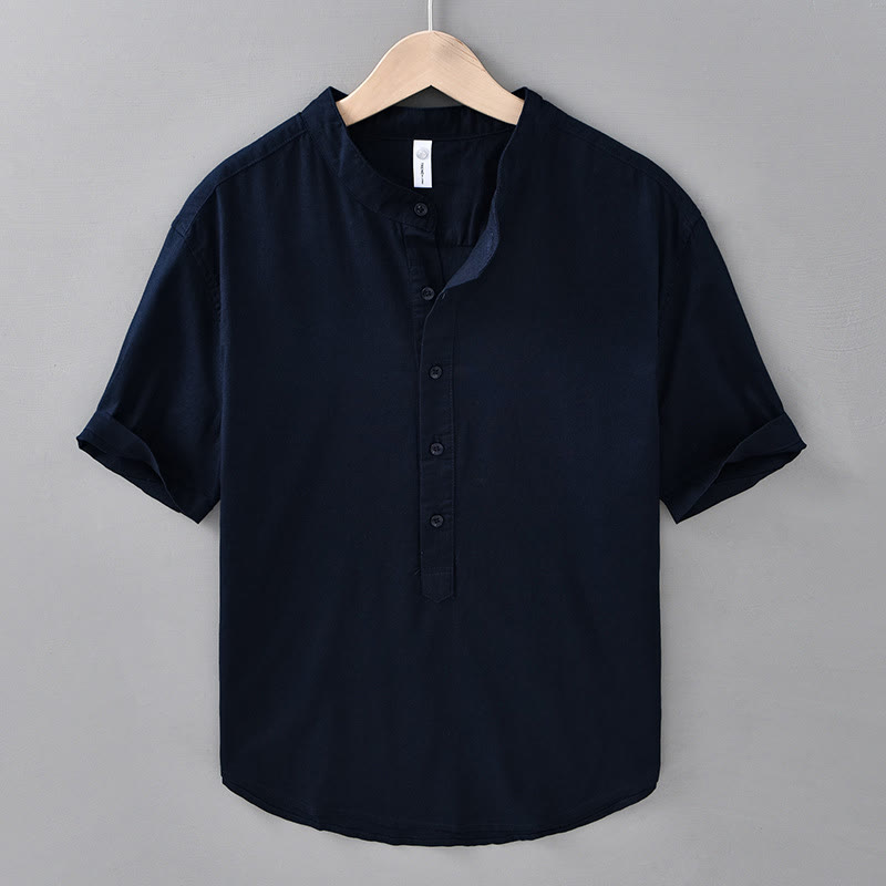 Buddha Stones Summer Solid Color Men's Half Button Short Sleeve Cotton Linen Shirt - MidnightBlue - US/UK/AU42,EU52 (3XL) - image 15