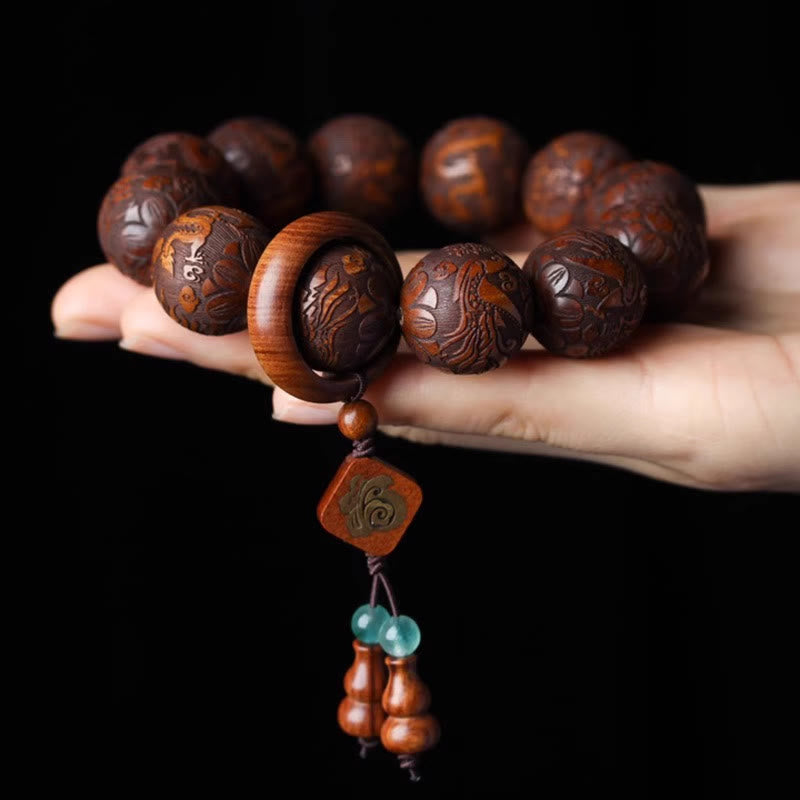 Foviel Natural Carving Dragon And Phoenix Fu Character Gourd Rosewood Beads Warmth Bracelet