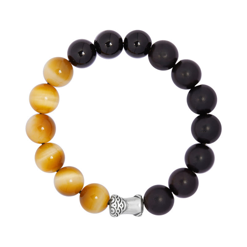 Foviel 999 Sterling Silver Ebony Tiger Eye Black Obsidian Relax Bracelet