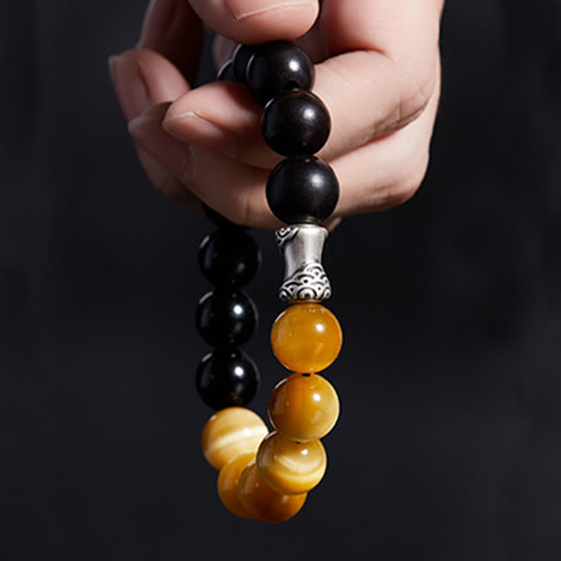 Foviel 999 Sterling Silver Ebony Tiger Eye Black Obsidian Relax Bracelet