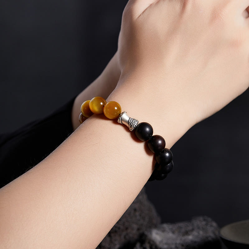 Foviel 999 Sterling Silver Ebony Tiger Eye Black Obsidian Relax Bracelet