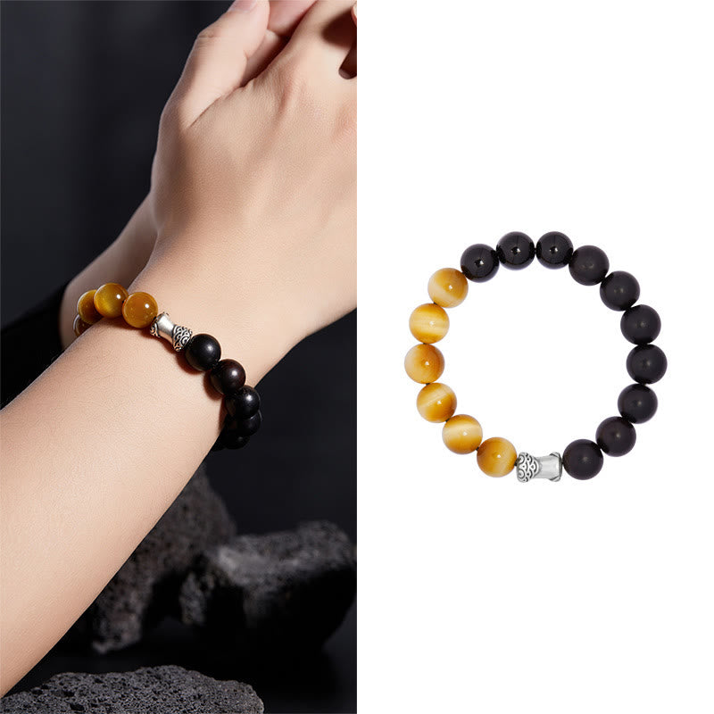Foviel 999 Sterling Silver Ebony Tiger Eye Black Obsidian Relax Bracelet