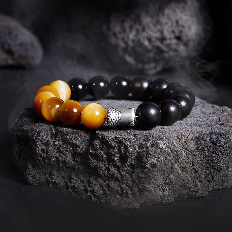 Foviel 999 Sterling Silver Ebony Tiger Eye Black Obsidian Relax Bracelet