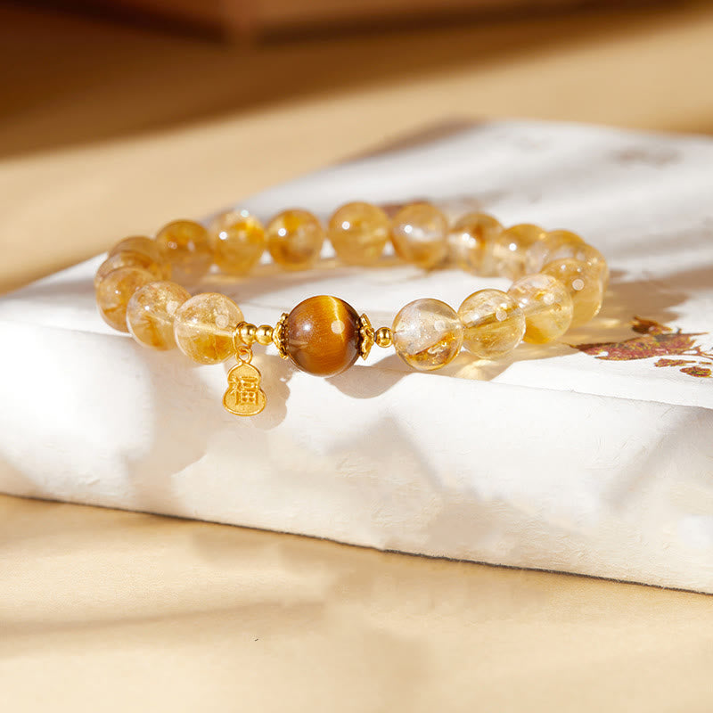 Foviel 925 Sterling Silver Gourd Fu Character Citrine Tiger Eye Prosperity Bracelet