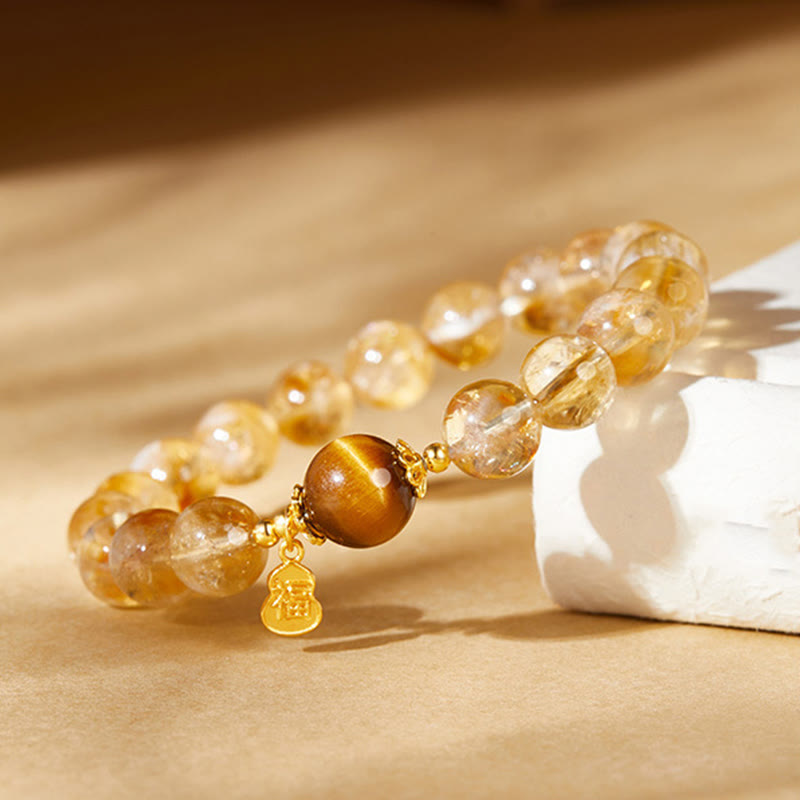 Foviel 925 Sterling Silver Gourd Fu Character Citrine Tiger Eye Prosperity Bracelet