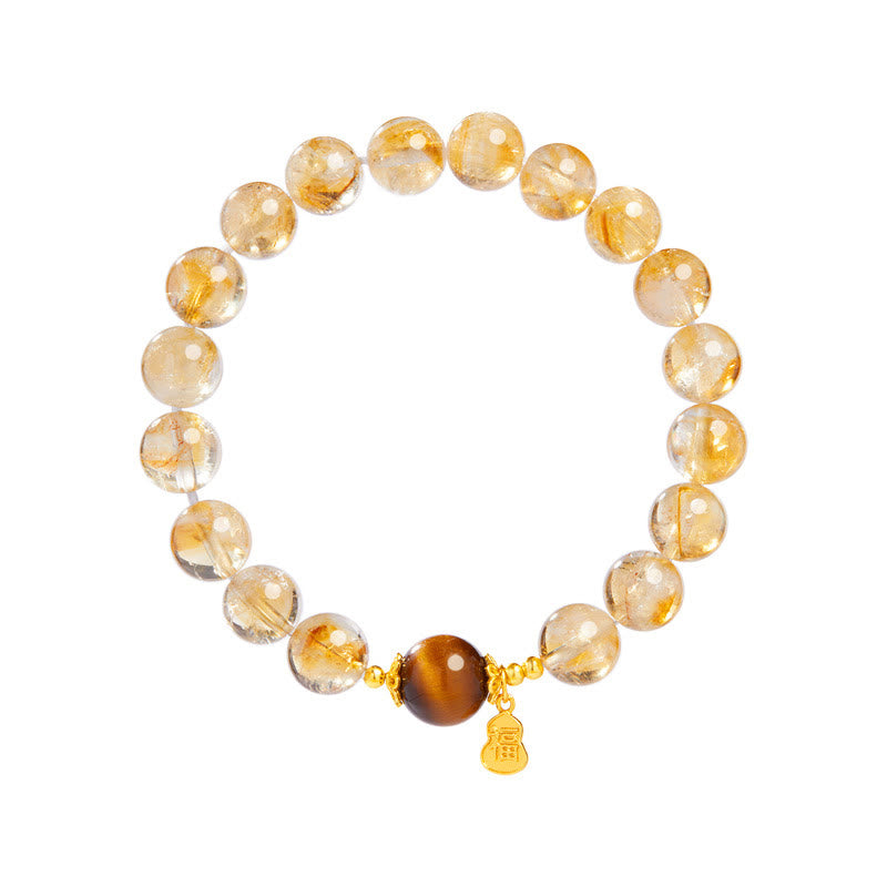 Foviel 925 Sterling Silver Gourd Fu Character Citrine Tiger Eye Prosperity Bracelet