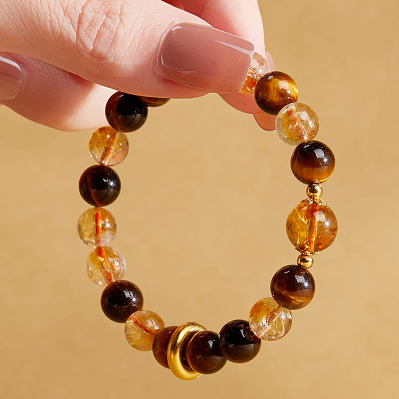 Foviel 999 Sterling Silver Natural Citrine Tiger Eye Peace Buckle Protection Bracelet