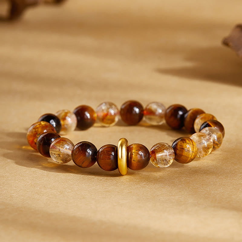 Foviel 999 Sterling Silver Natural Citrine Tiger Eye Peace Buckle Protection Bracelet