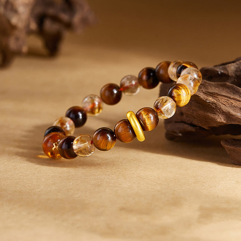 Foviel 999 Sterling Silver Natural Citrine Tiger Eye Peace Buckle Protection Bracelet