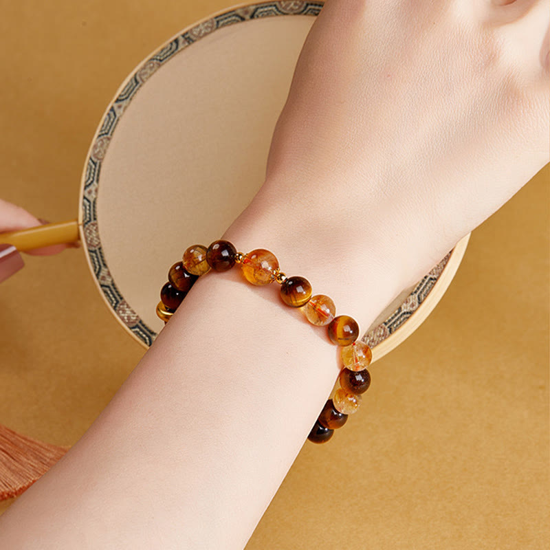 Foviel 999 Sterling Silver Natural Citrine Tiger Eye Peace Buckle Protection Bracelet