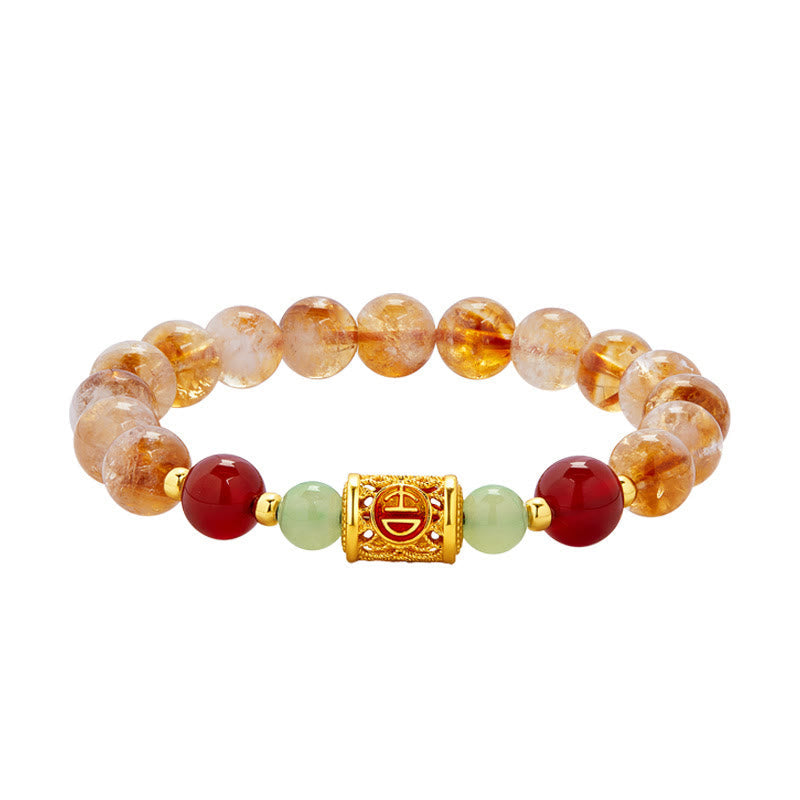 Foviel 999 Sterling Silver Natural Citrine Red Agate Hetian Jade Beads Protection Bracelet