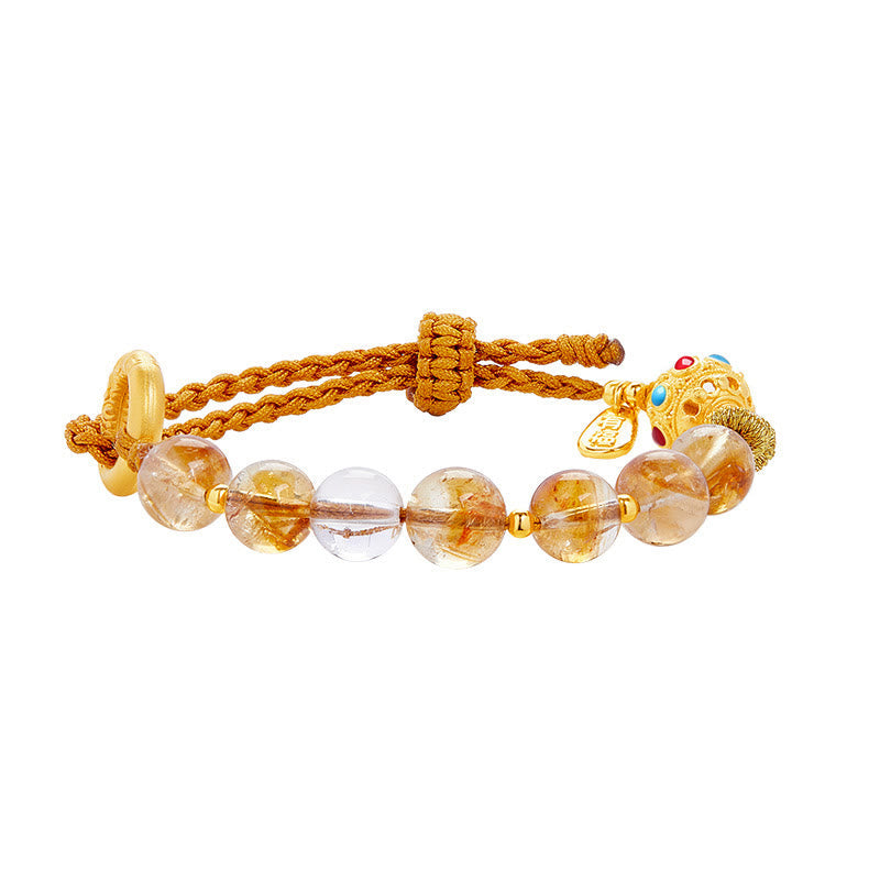 Foviel 925 Sterling Silver Natural Citrine White Crystal Peace Buckle Meaning Fu Character Protection Braided String Bracelet