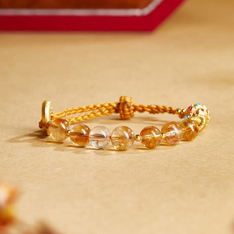 Foviel 925 Sterling Silver Natural Citrine White Crystal Peace Buckle Meaning Fu Character Protection Braided String Bracelet
