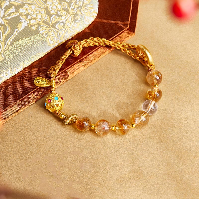 Foviel 925 Sterling Silver Natural Citrine White Crystal Peace Buckle Meaning Fu Character Protection Braided String Bracelet