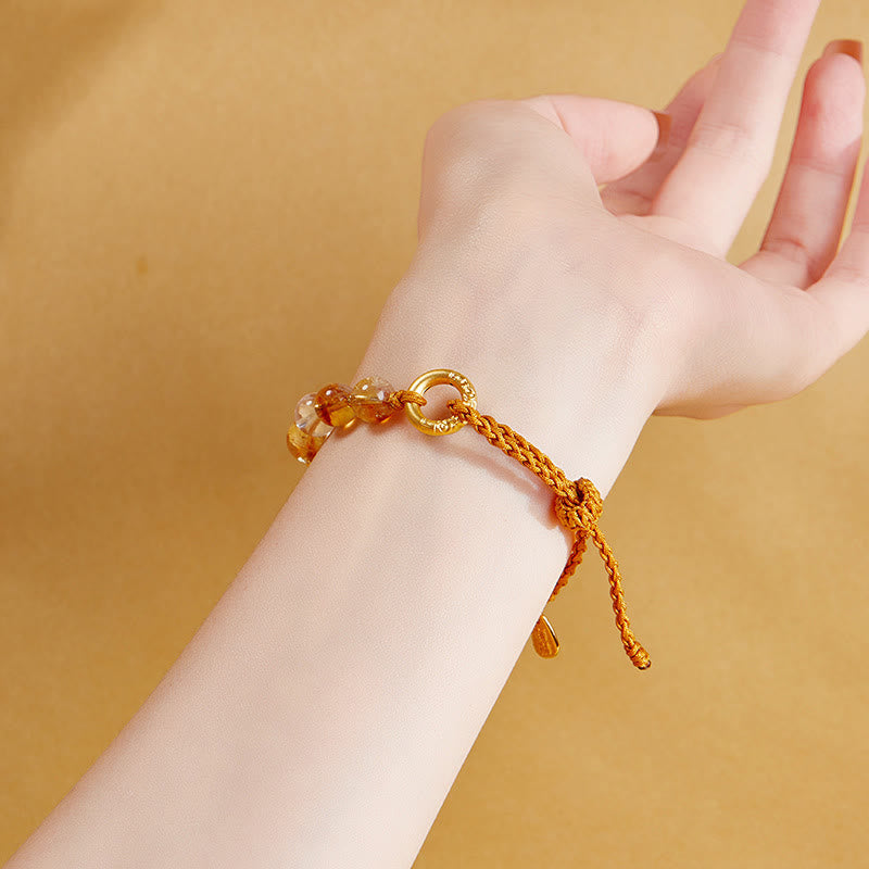 Foviel 925 Sterling Silver Natural Citrine White Crystal Peace Buckle Meaning Fu Character Protection Braided String Bracelet