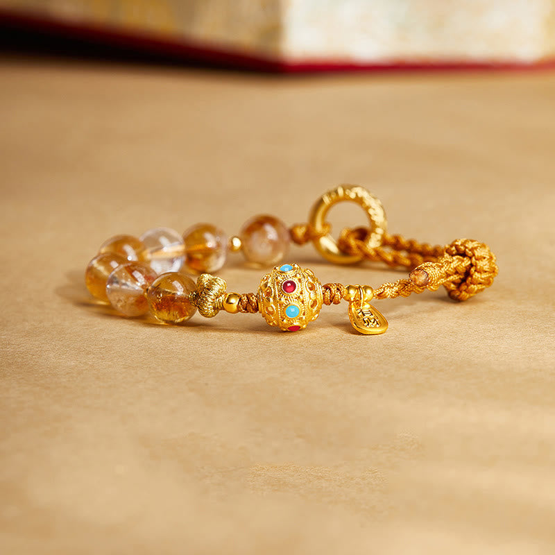 Foviel 925 Sterling Silver Natural Citrine White Crystal Peace Buckle Meaning Fu Character Protection Braided String Bracelet