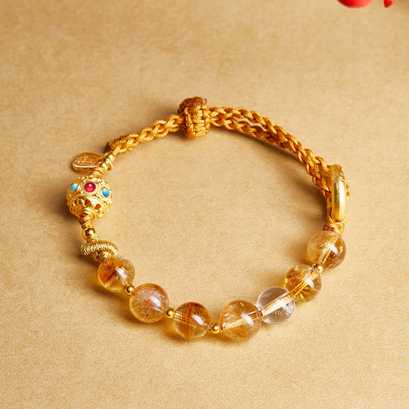 Foviel 925 Sterling Silver Natural Citrine White Crystal Peace Buckle Meaning Fu Character Protection Braided String Bracelet