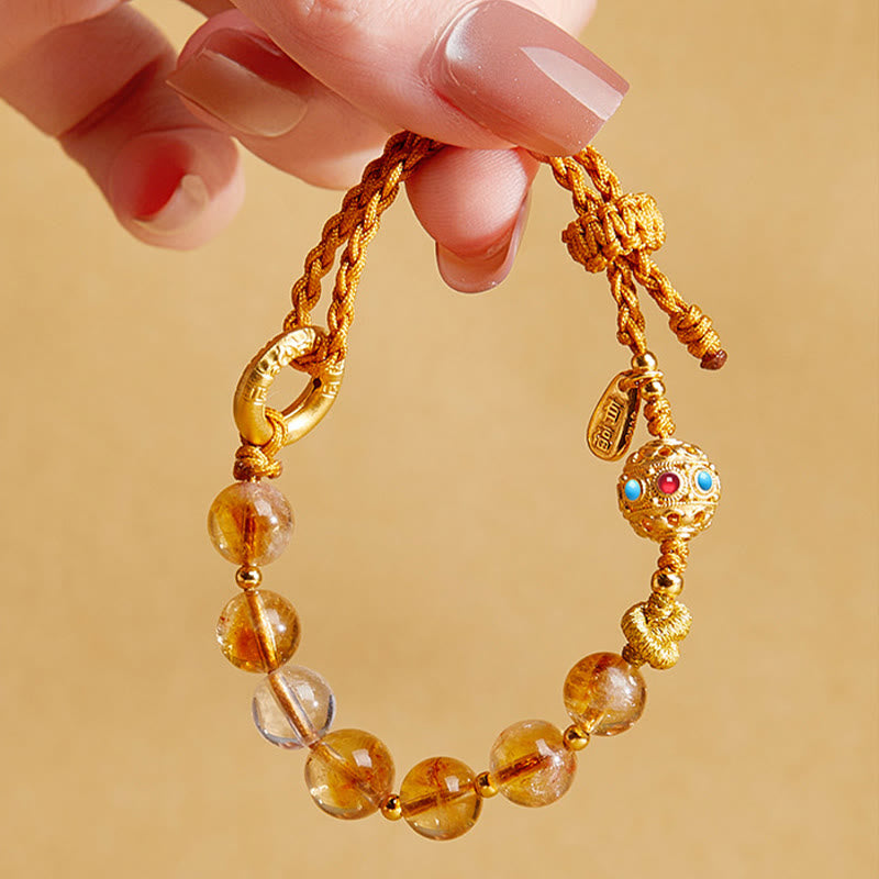 Foviel 925 Sterling Silver Natural Citrine White Crystal Peace Buckle Meaning Fu Character Protection Braided String Bracelet