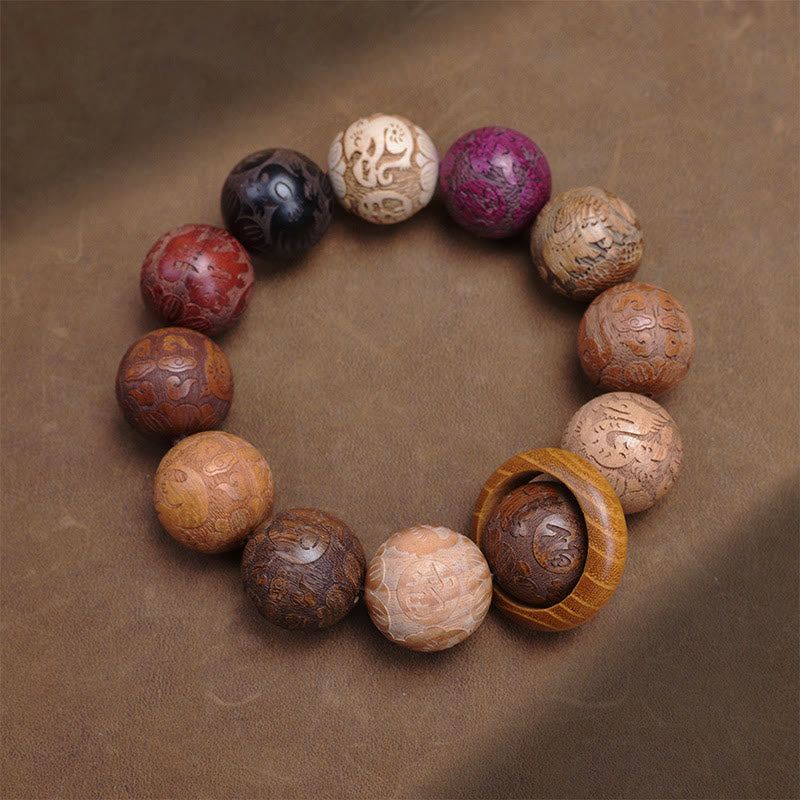 Foviel Carving Sandelholz Chinesisch Zodiac Ausgeprägte Drachen Phoenix Fu Charakter spirituell Armband