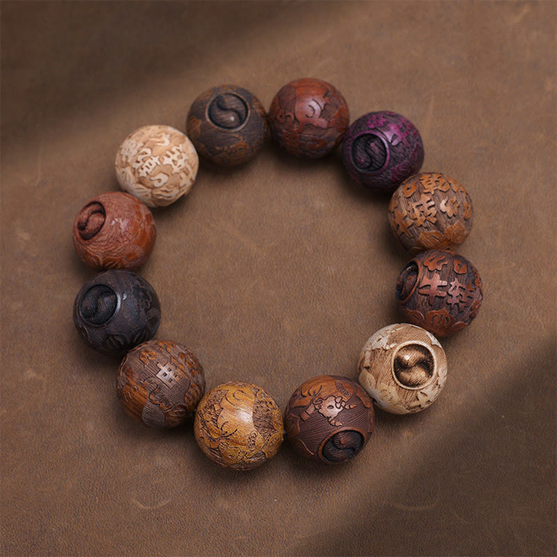 Foviel Carving Sandelholz Chinesisch Zodiac Ausgeprägte Drachen Phoenix Fu Charakter spirituell Armband