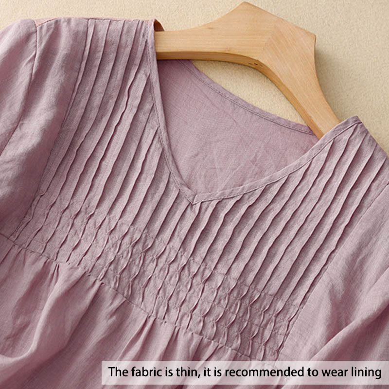 Buddha Stones Casual Plain Loose Women's V-Neck Design Half Sleeve Cotton Shirt - image 3