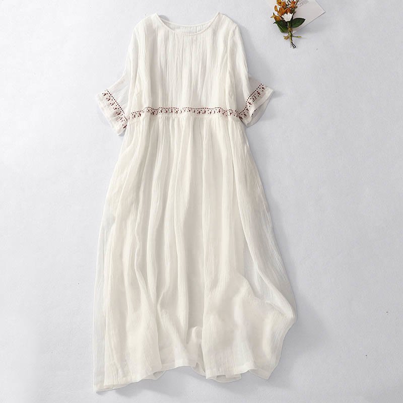 Buddha Stones Solid Color Embroidery Short Sleeve Cotton Midi Dress - White - US12,UK/AU16,EU44 (2XL) - image 5