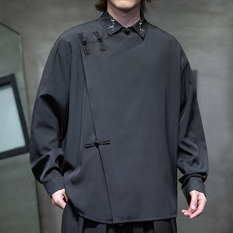 Foviel Vintage Pure Color Chinese Frog-Button Design Embroidery Lapel Men's Long Sleeve Shirt