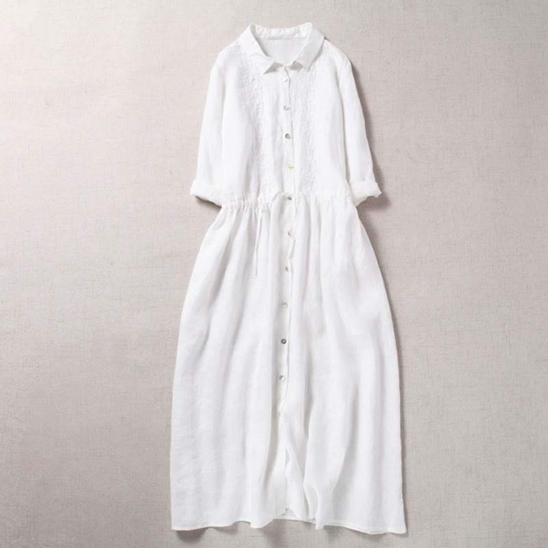 Buddha Stones Fall Embroidery Button Design Cotton Linen Long Sleeve Midi Dress With Pockets - White - US8-10,UK/AU12-14,EU40-42 (2XL) - image 13