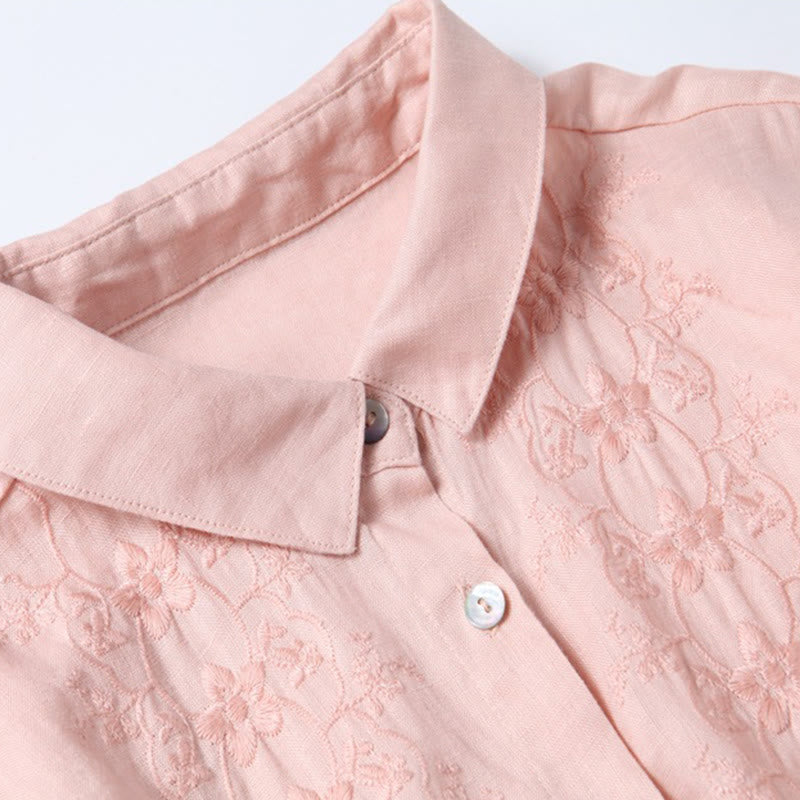 Buddha Stones Fall Embroidery Button Design Cotton Linen Long Sleeve Midi Dress With Pockets - image 2