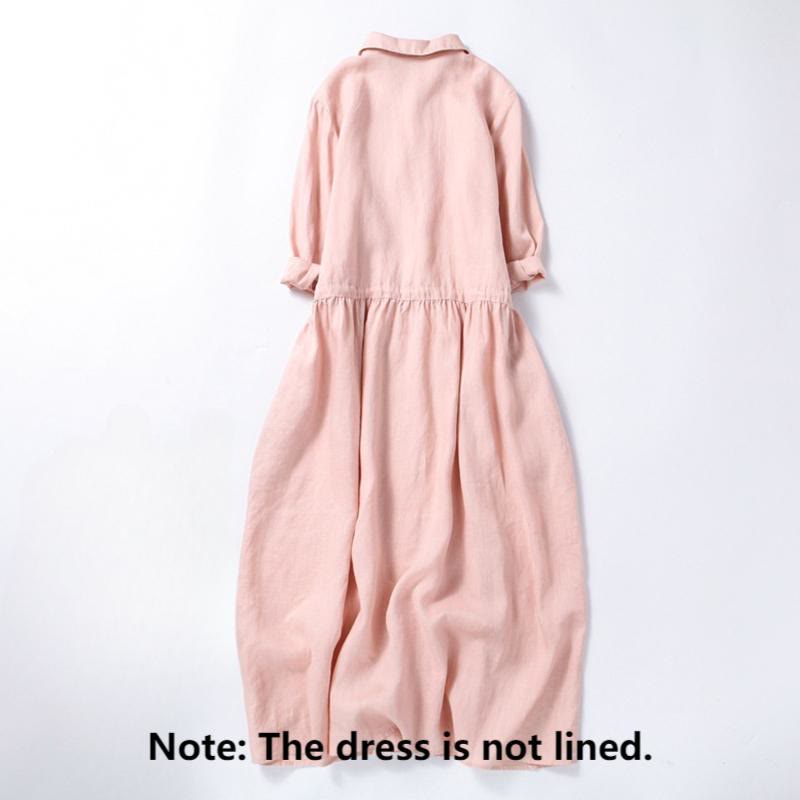 Buddha Stones Fall Embroidery Button Design Cotton Linen Long Sleeve Midi Dress With Pockets - image 1