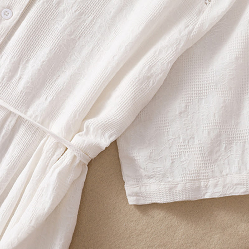 Buddha Stones Summer Plain Hollow Jacquard Design Cotton Short Sleeve Midi Dress With Pockets - image 3
