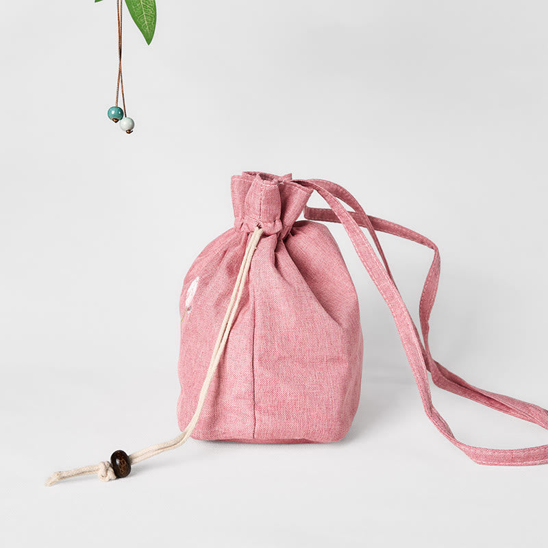 Foviel stickte hell rosa Lotus Baumwolle Leinen Umhängetasche Schultertasche