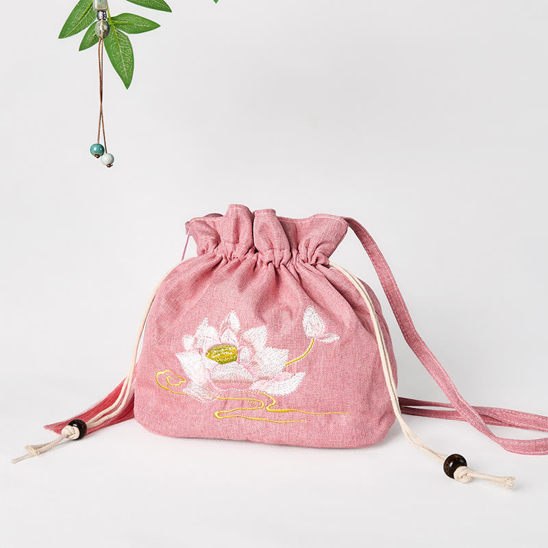 Foviel stickte hell rosa Lotus Baumwolle Leinen Umhängetasche Schultertasche